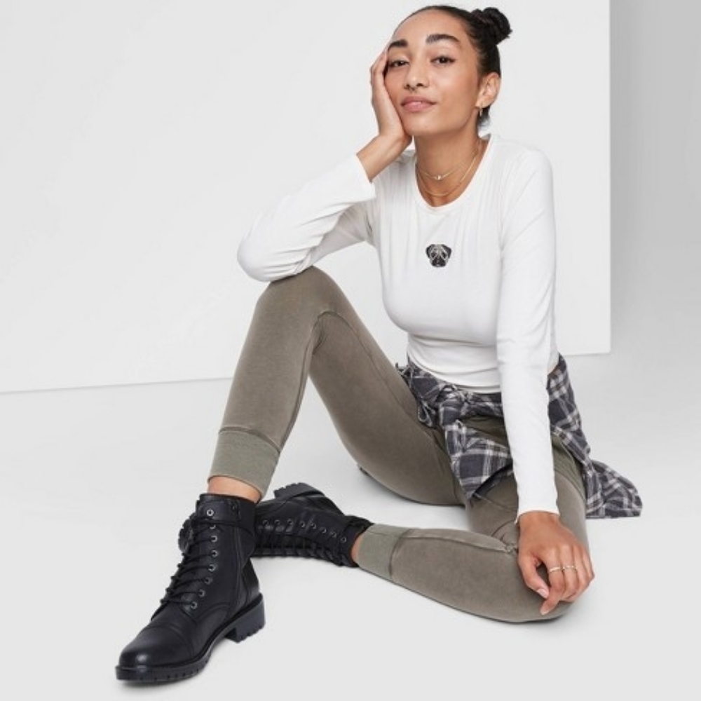 wild fable Long Sleeve White Crewneck Top with Pug Patch